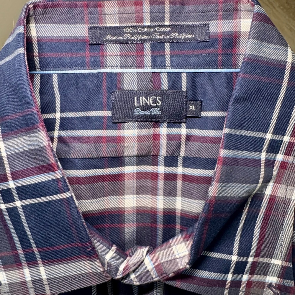 LINCS David Chu Mens XL Plaid Button‎ Down Shirt Navy Burgundy White Cotton LS
